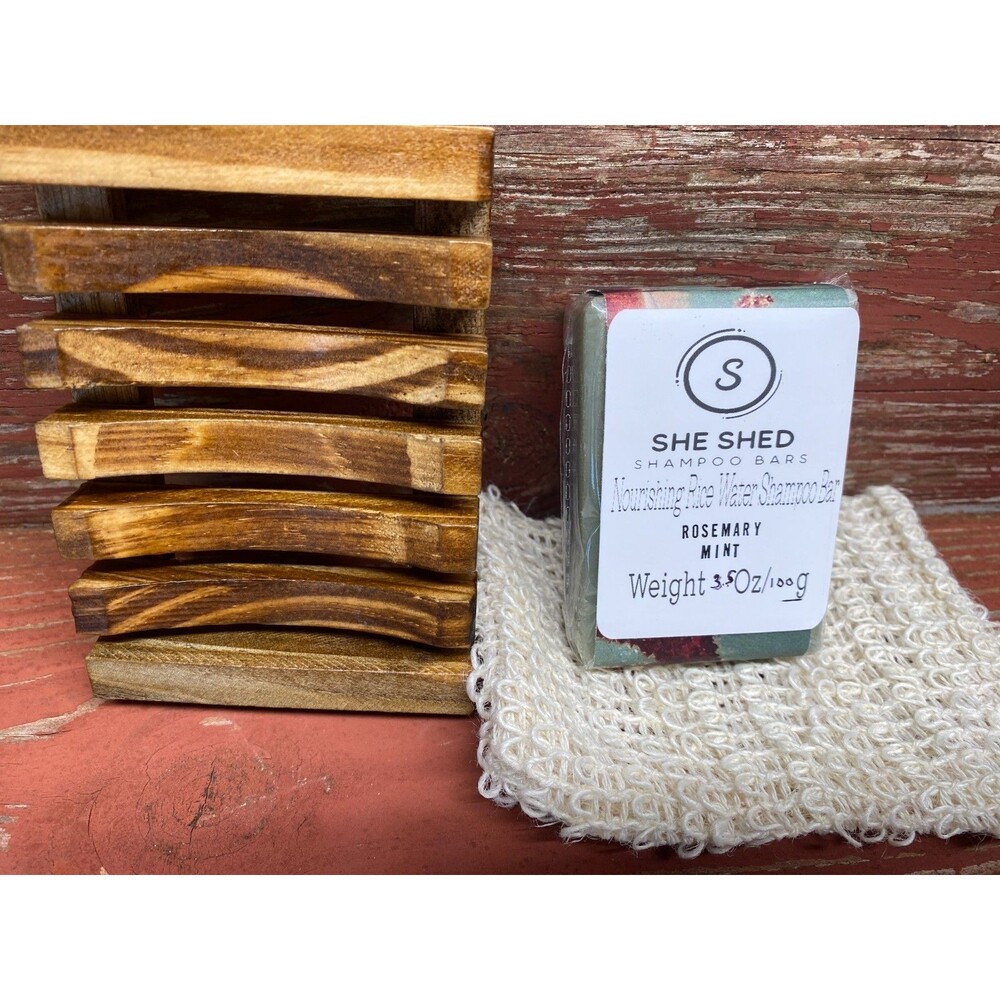 Rosemary Mint Handcrafted Rice Water Goat Milk Shampoo Bar & Bamboo Dish